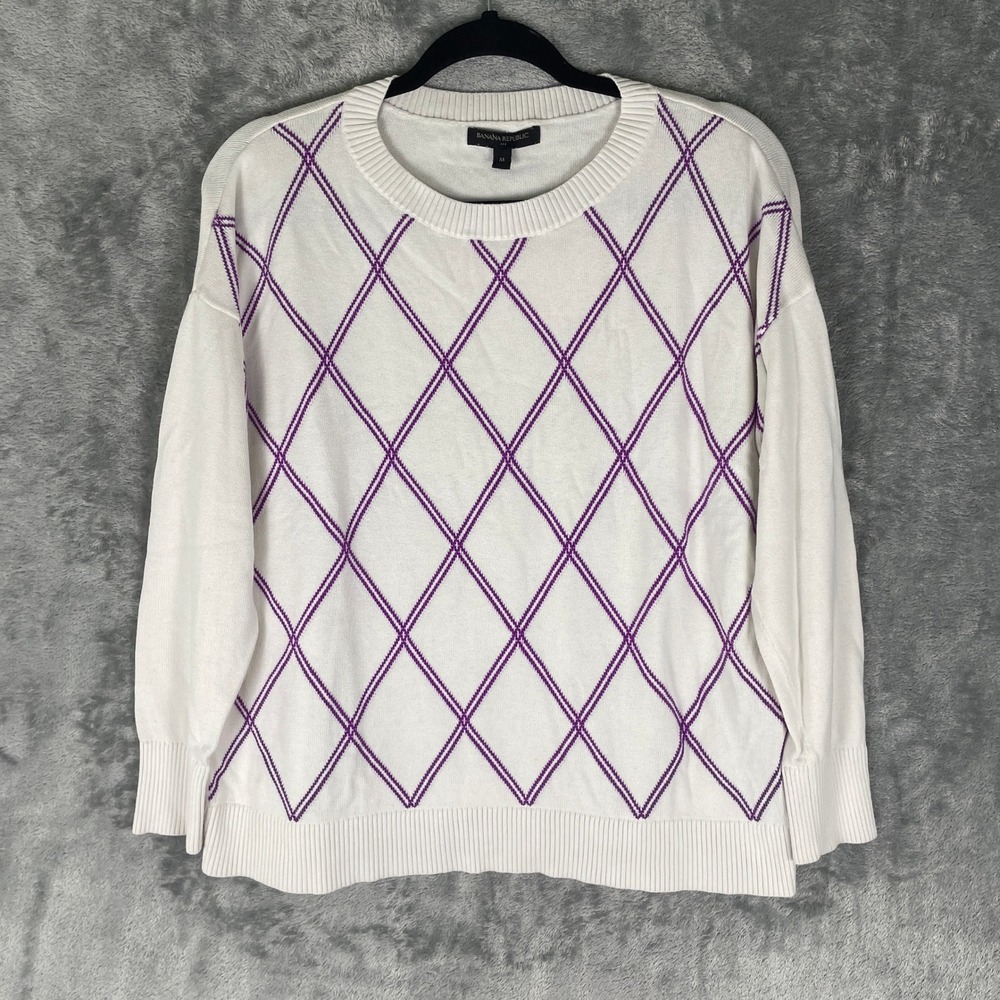 Banana Republic Argyle Sweater Womens M White Purple VGUC Cotton Blend Pullover
